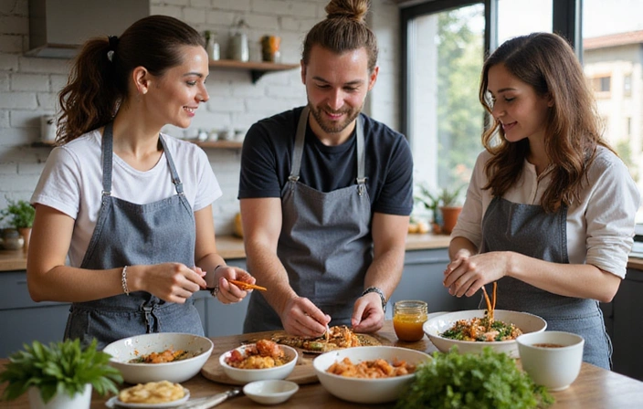 Illustrazione di persone che imparano a cucinare cibi sani insieme