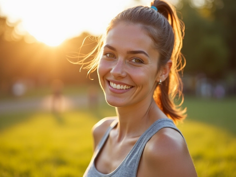 A smiling, energetic person engaging in light activity like walking or stretching outdoors, bathed in natural light