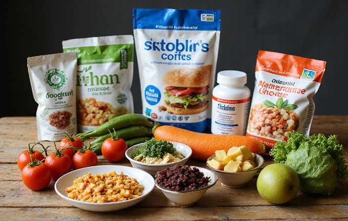 Diversi alimenti che rappresentano varie esigenze nutrizionali speciali, come alimenti senza glutine, integratori sportivi e verdure fresche